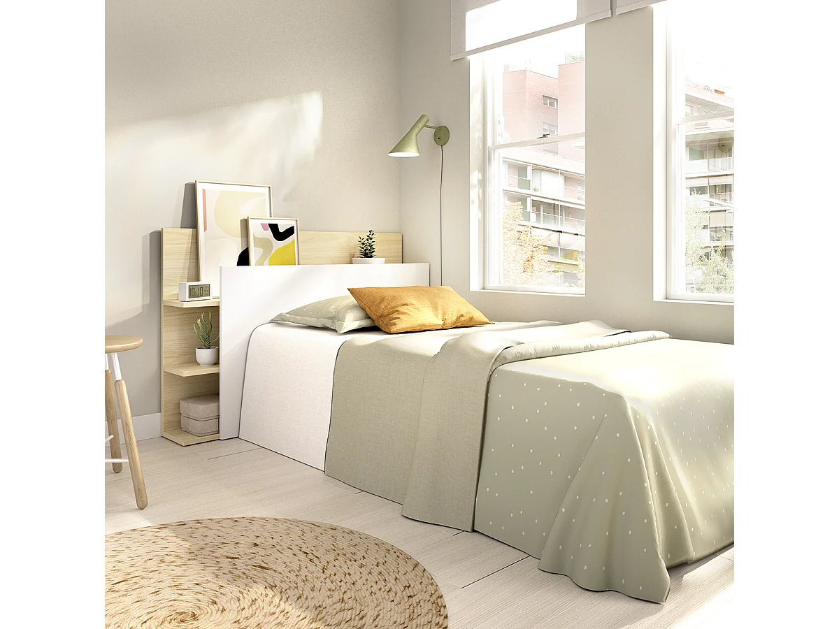 Tête de lit pour lit enfant 90 cm avec 2 étagère, coloris blanc/chêne clair - Hauteur 71 x Longueur 105,2 x Profondeur 19,2 cm