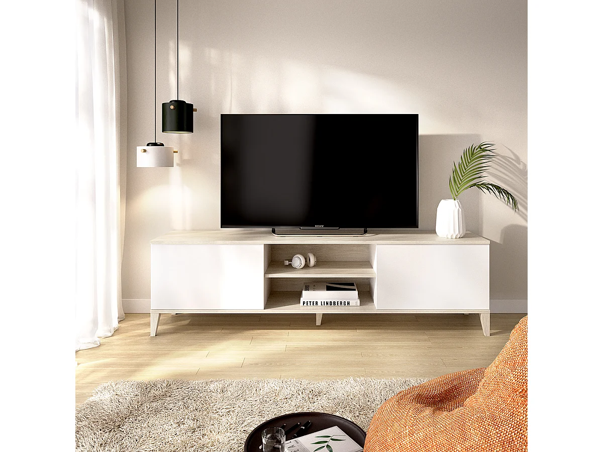 Meuble TV bas avec 2 portes abattante et 2 niches centrales, coloris naturel/blanc - Hauteur 48,1 x Longueur 150 x Profondeur 39,9 cm