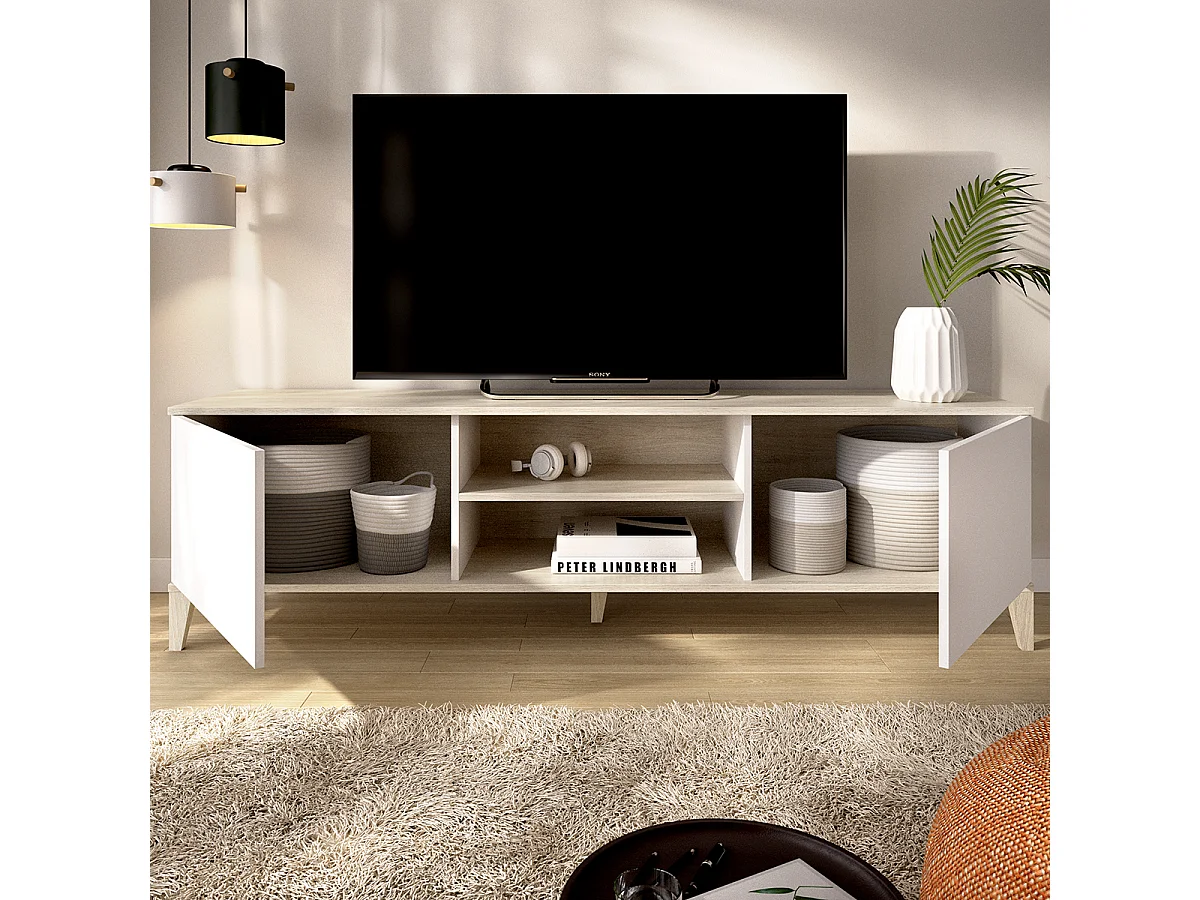 Meuble TV bas avec 2 portes abattante et 2 niches centrales, coloris naturel/blanc - Hauteur 48,1 x Longueur 150 x Profondeur 39,9 cm