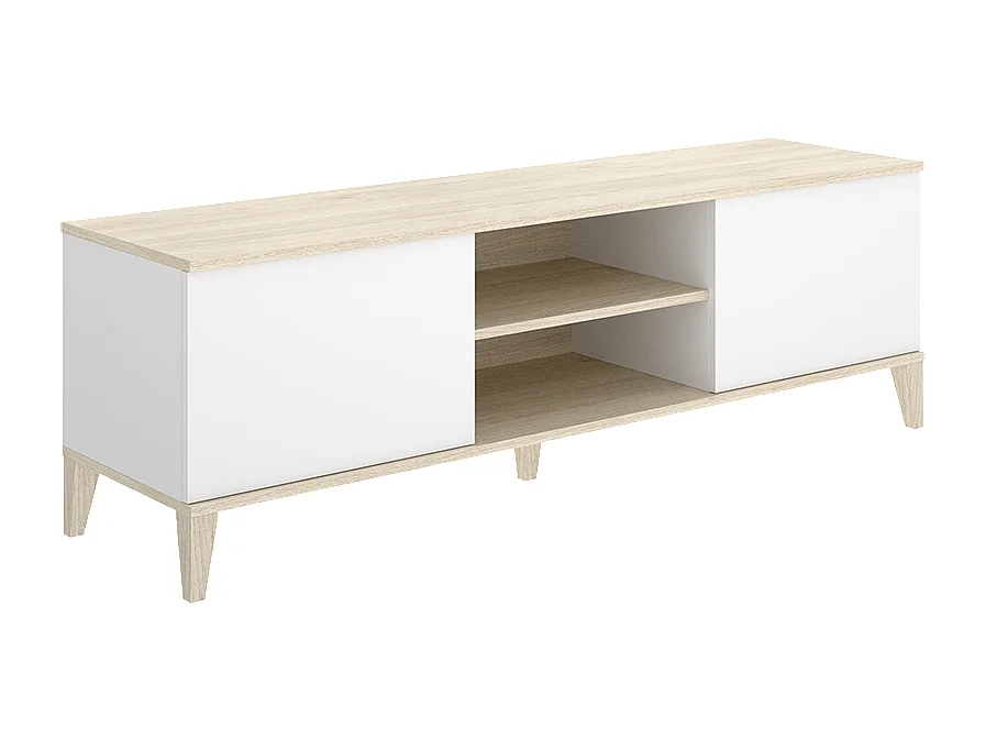 Meuble TV bas avec 2 portes abattante et 2 niches centrales, coloris naturel/blanc - Hauteur 48,1 x Longueur 150 x Profondeur 39,9 cm