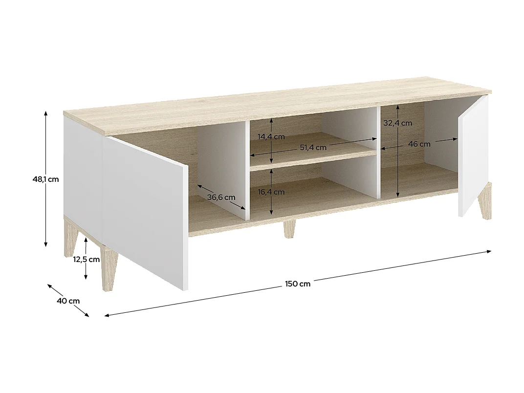 Meuble TV bas avec 2 portes abattante et 2 niches centrales, coloris naturel/blanc - Hauteur 48,1 x Longueur 150 x Profondeur 39,9 cm