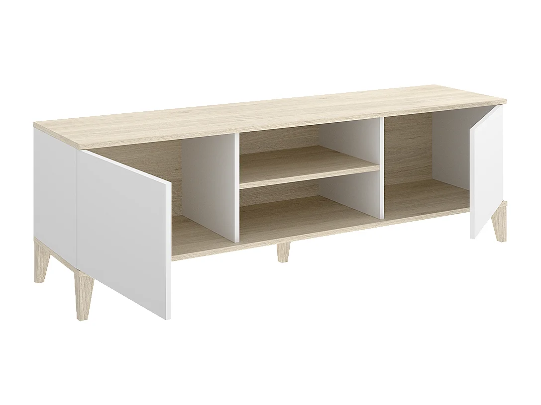 Meuble TV bas avec 2 portes abattante et 2 niches centrales, coloris naturel/blanc - Hauteur 48,1 x Longueur 150 x Profondeur 39,9 cm