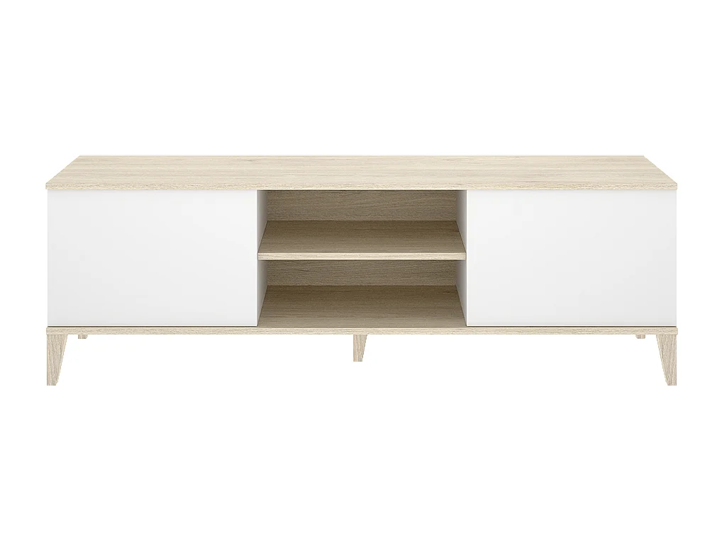 Meuble TV bas avec 2 portes abattante et 2 niches centrales, coloris naturel/blanc - Hauteur 48,1 x Longueur 150 x Profondeur 39,9 cm