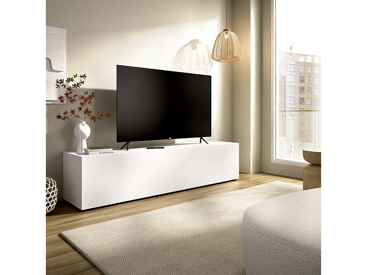 Meuble TV bas avec portes abattantes, coloris blanc - Hauteur 42 x Longueur 180 x Profondeur 41,5 cm