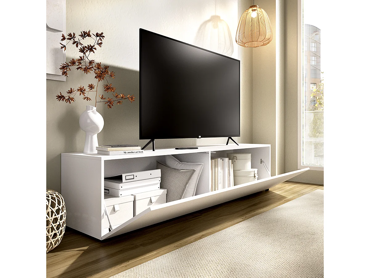 Meuble TV bas avec portes abattantes, coloris blanc - Hauteur 42 x Longueur 180 x Profondeur 41,5 cm