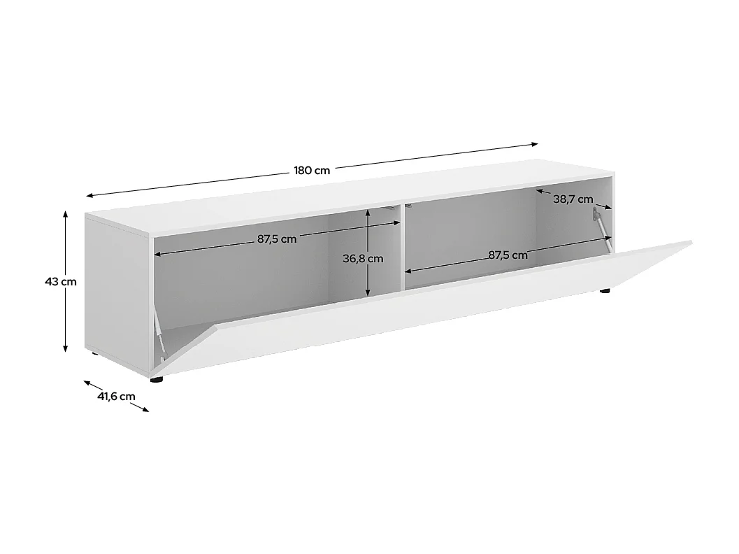 Meuble TV bas avec portes abattantes, coloris blanc - Hauteur 42 x Longueur 180 x Profondeur 41,5 cm
