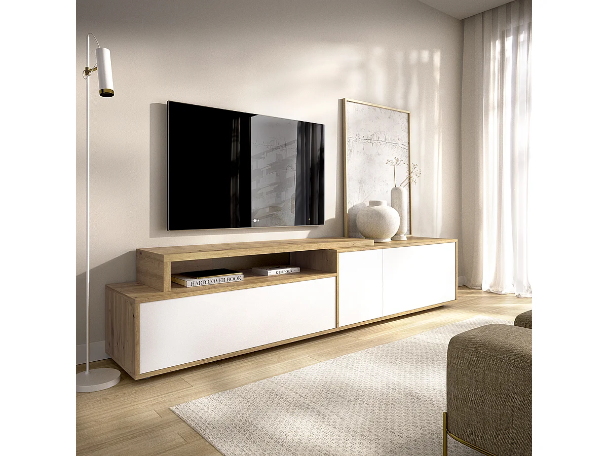 Meuble TV bas avec 3 portes et 1 étagère ouverte, coloris chêne sonoma/blanc - Hauteur 46,9 x Longueur 185 x Profondeur 40 cm
