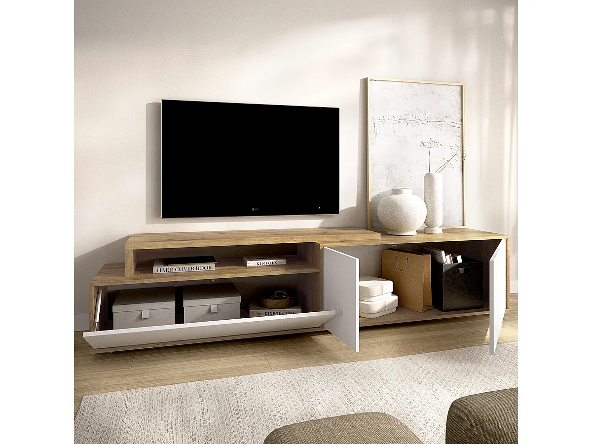 Meuble TV bas avec 3 portes et 1 étagère ouverte, coloris chêne sonoma/blanc - Hauteur 46,9 x Longueur 185 x Profondeur 40 cm