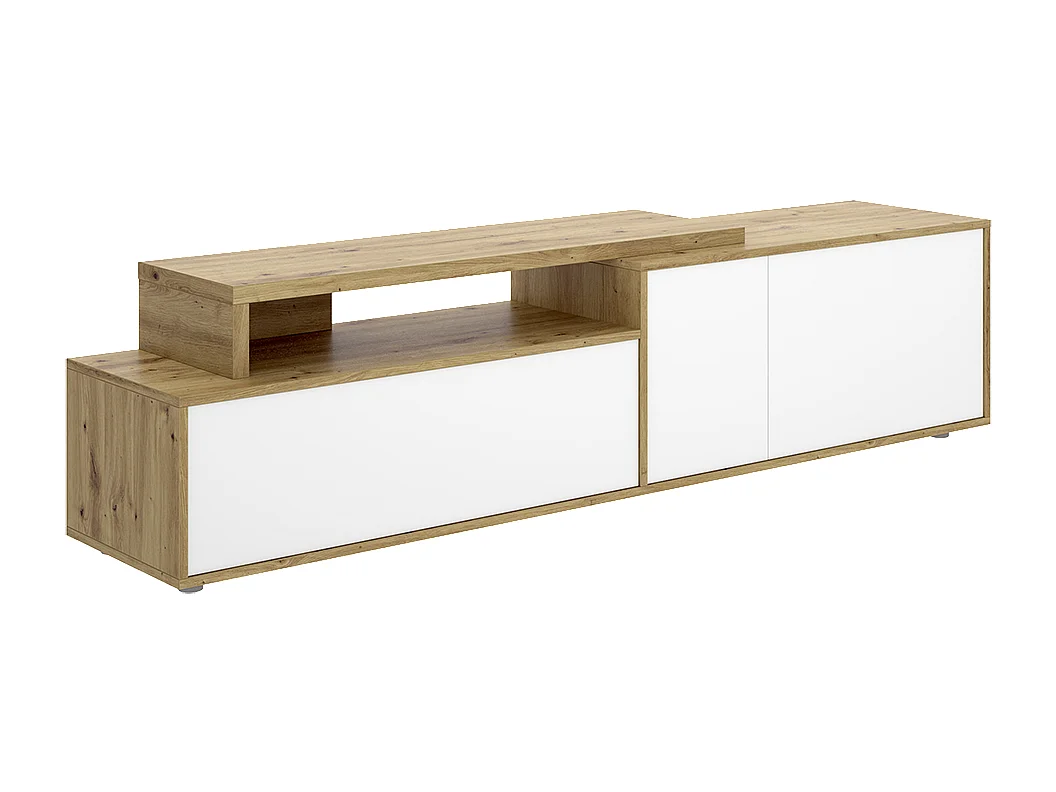 Meuble TV bas avec 3 portes et 1 étagère ouverte, coloris chêne sonoma/blanc - Hauteur 46,9 x Longueur 185 x Profondeur 40 cm