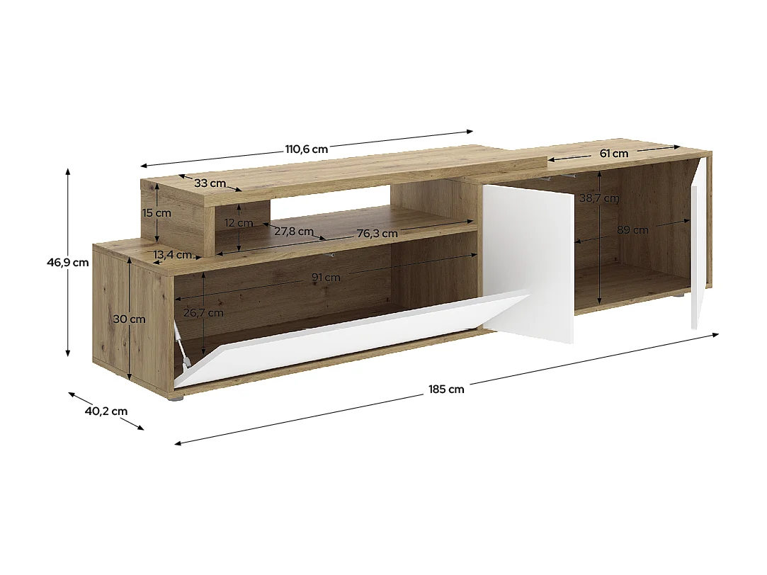 Meuble TV bas avec 3 portes et 1 étagère ouverte, coloris chêne sonoma/blanc - Hauteur 46,9 x Longueur 185 x Profondeur 40 cm