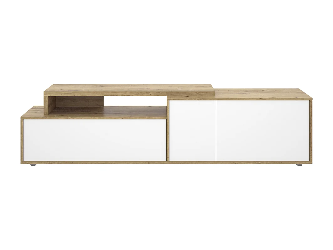 Meuble TV bas avec 3 portes et 1 étagère ouverte, coloris chêne sonoma/blanc - Hauteur 46,9 x Longueur 185 x Profondeur 40 cm