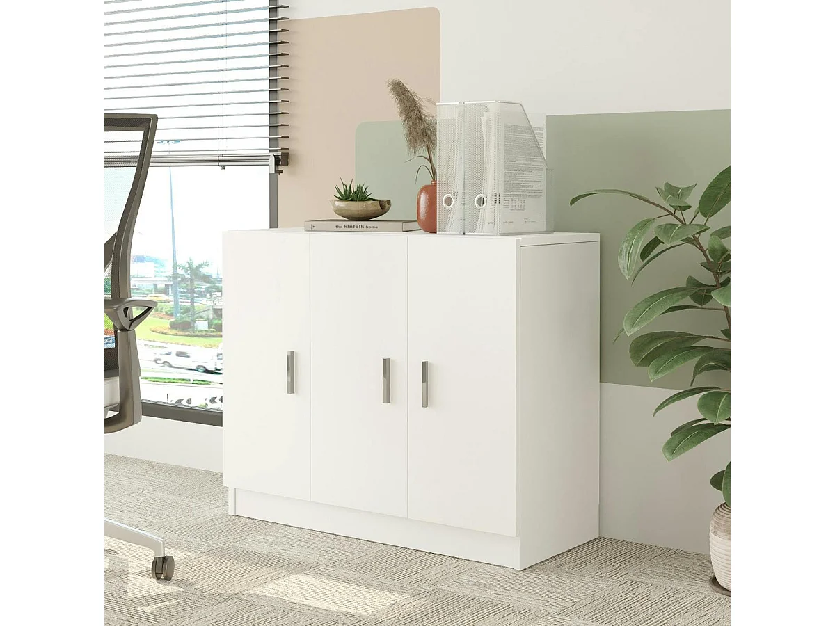 Meuble de rangement bureau blanc 3 portes avec étagères MARFA