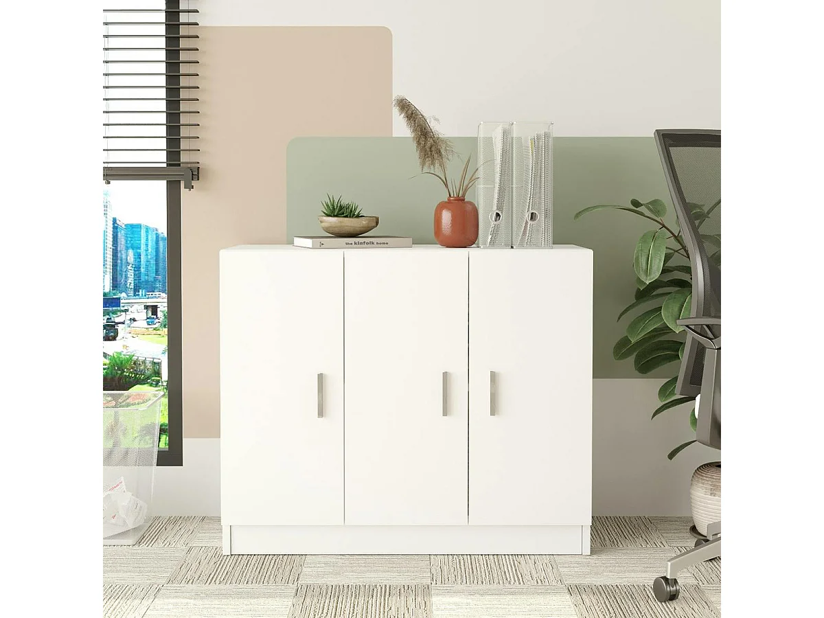 Meuble de rangement bureau blanc 3 portes avec étagères MARFA