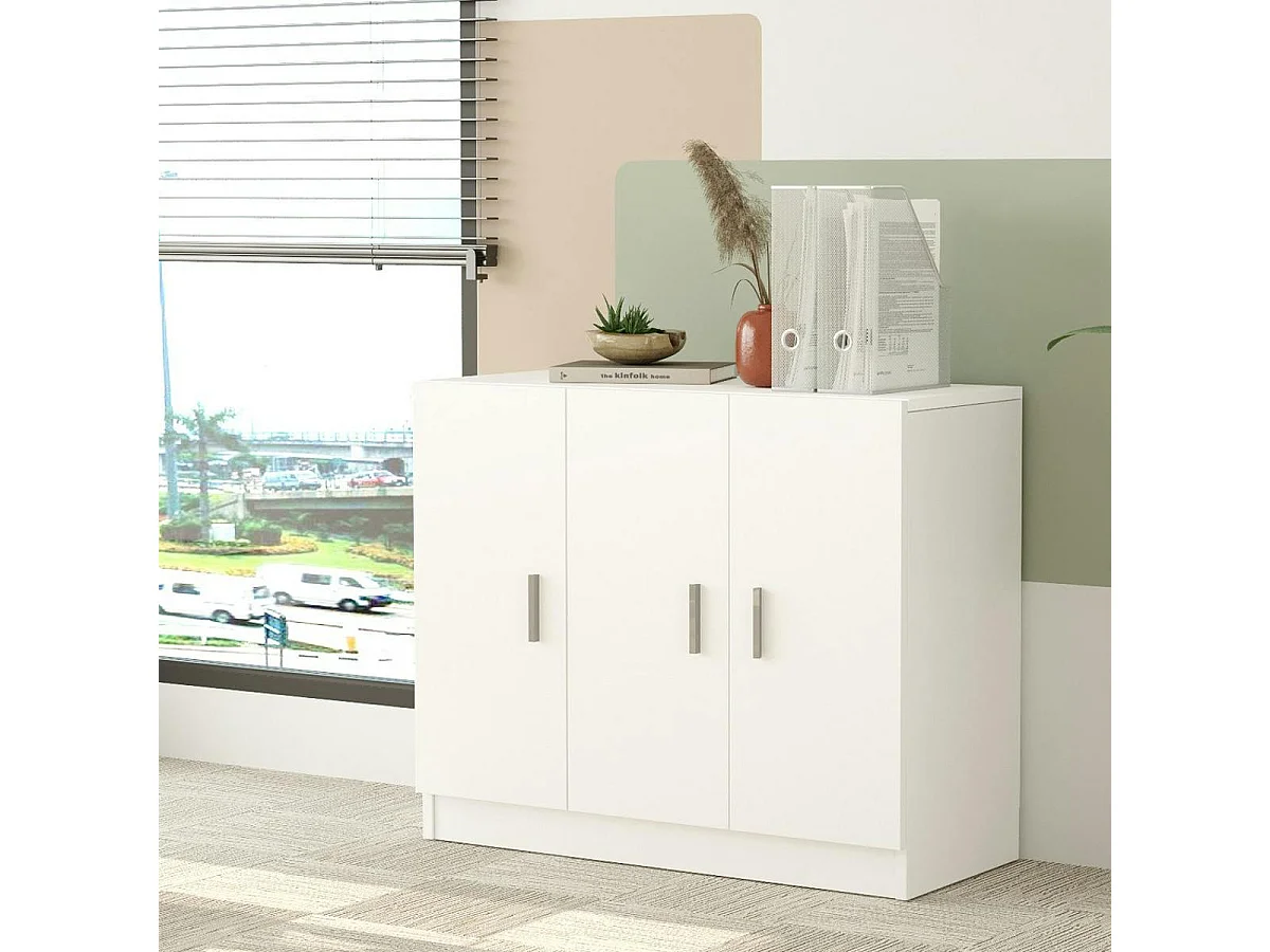 Meuble de rangement bureau blanc 3 portes avec étagères MARFA