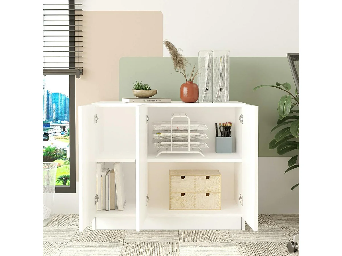 Meuble de rangement bureau blanc 3 portes avec étagères MARFA