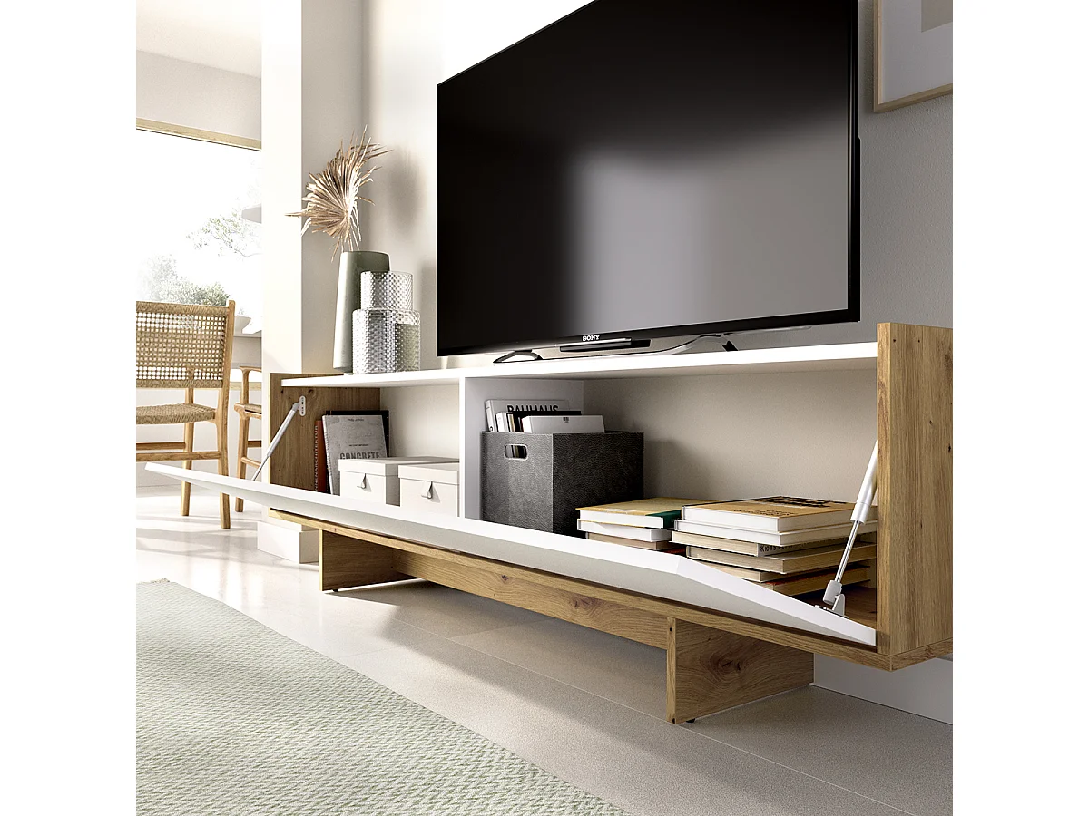 Meuble TV bas avec 1 porte abattante, coloris chêne sonoma/blanc - Hauteur 49,6 x Longueur 150 x Profondeur 30 cm