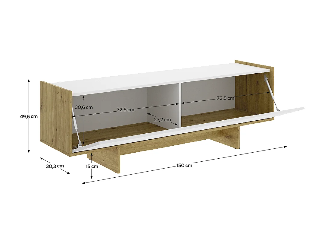 Meuble TV bas avec 1 porte abattante, coloris chêne sonoma/blanc - Hauteur 49,6 x Longueur 150 x Profondeur 30 cm