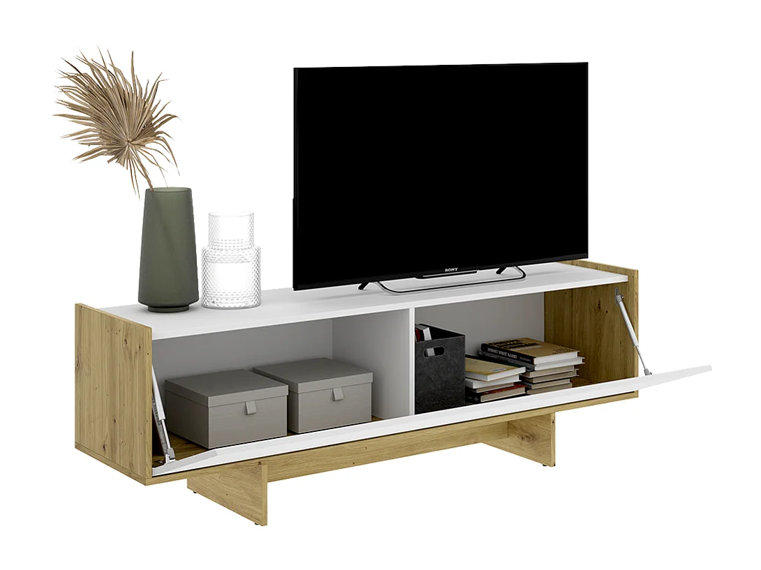 Meuble TV bas avec 1 porte abattante, coloris chêne sonoma/blanc - Hauteur 49,6 x Longueur 150 x Profondeur 30 cm