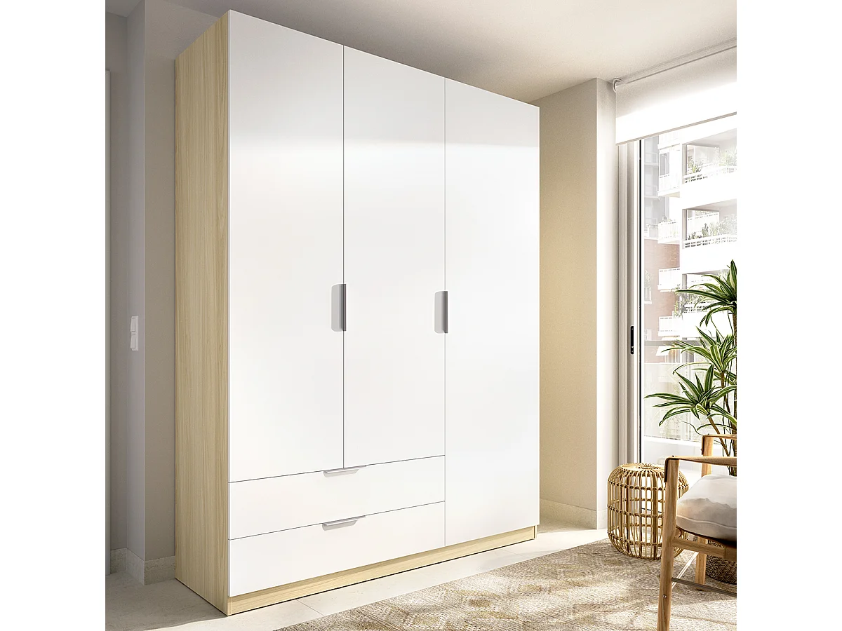 Armoire placard de rangement à 3 portes battantes et 2 tiroirs, coloris blanc/Chêne clair - Hauteur 203,5 x Longueur 136,6 x Profondeur 51,4 cm