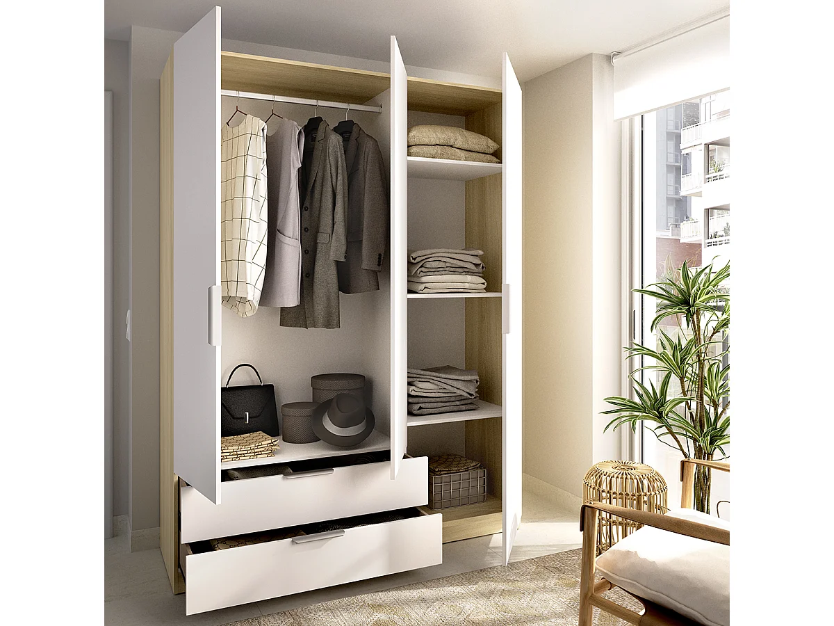 Armoire placard de rangement à 3 portes battantes et 2 tiroirs, coloris blanc/Chêne clair - Hauteur 203,5 x Longueur 136,6 x Profondeur 51,4 cm