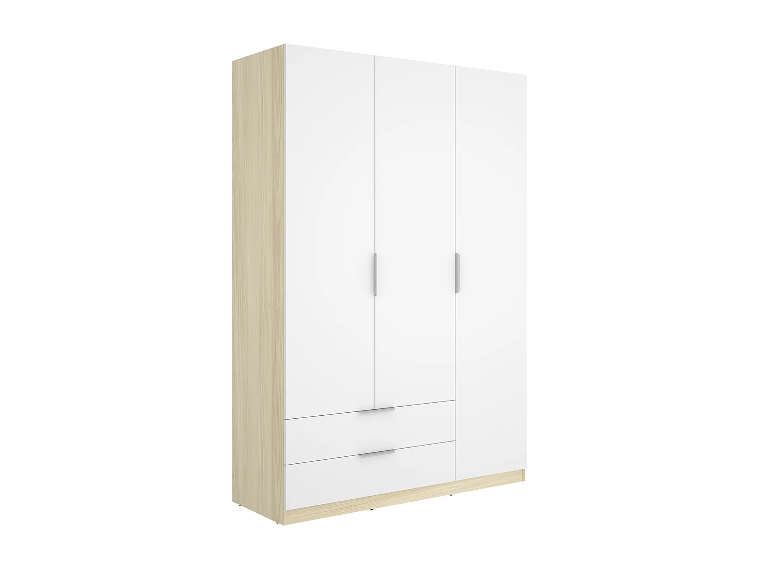 Armoire placard de rangement à 3 portes battantes et 2 tiroirs, coloris blanc/Chêne clair - Hauteur 203,5 x Longueur 136,6 x Profondeur 51,4 cm