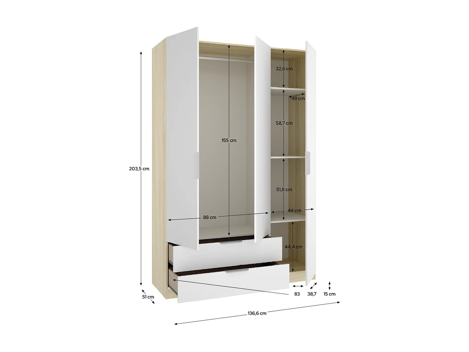 Armoire placard de rangement à 3 portes battantes et 2 tiroirs, coloris blanc/Chêne clair - Hauteur 203,5 x Longueur 136,6 x Profondeur 51,4 cm