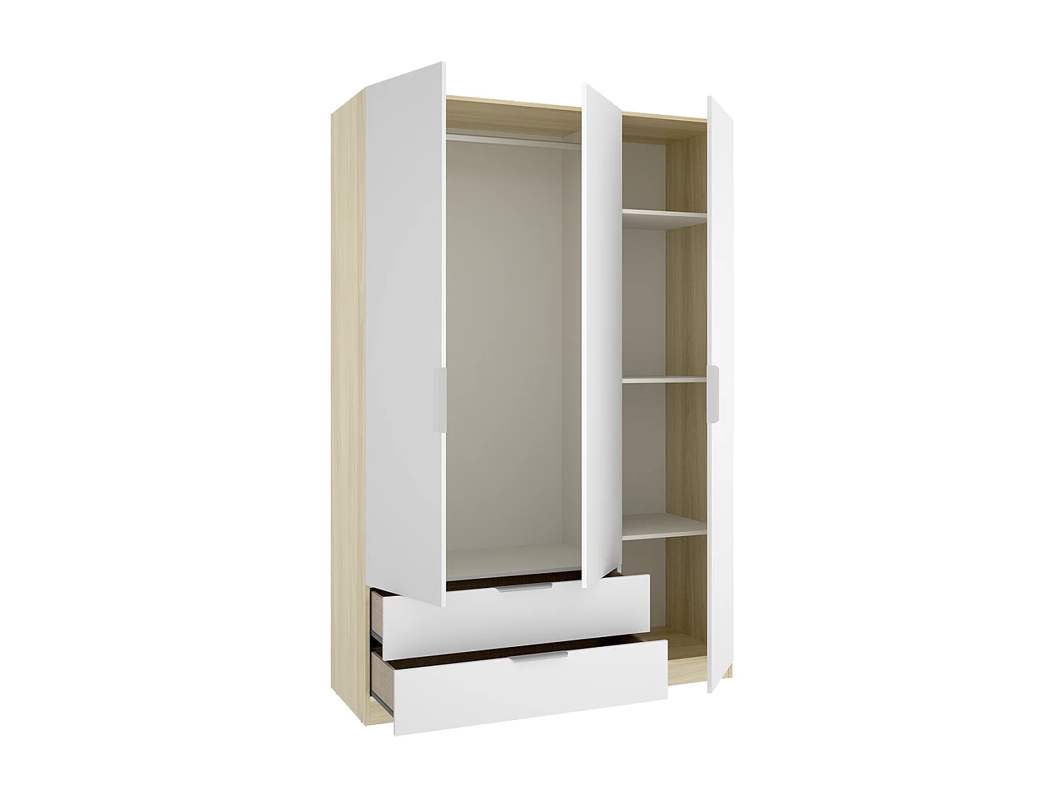 Armoire placard de rangement à 3 portes battantes et 2 tiroirs, coloris blanc/Chêne clair - Hauteur 203,5 x Longueur 136,6 x Profondeur 51,4 cm