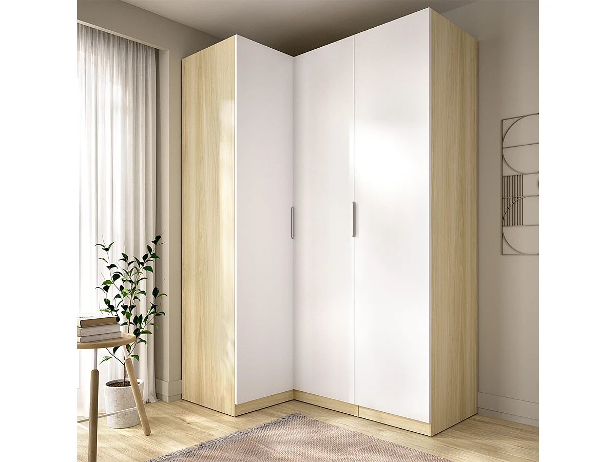 Armoire d'angle placard de rangement à 3 portes battantes, coloris blanc/Chêne clair - Hauteur 184 x Longueur 142,4 x Profondeur 95 cm