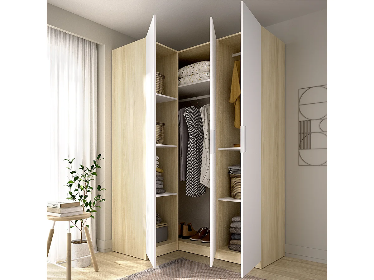 Armoire d'angle placard de rangement à 3 portes battantes, coloris blanc/Chêne clair - Hauteur 184 x Longueur 142,4 x Profondeur 95 cm
