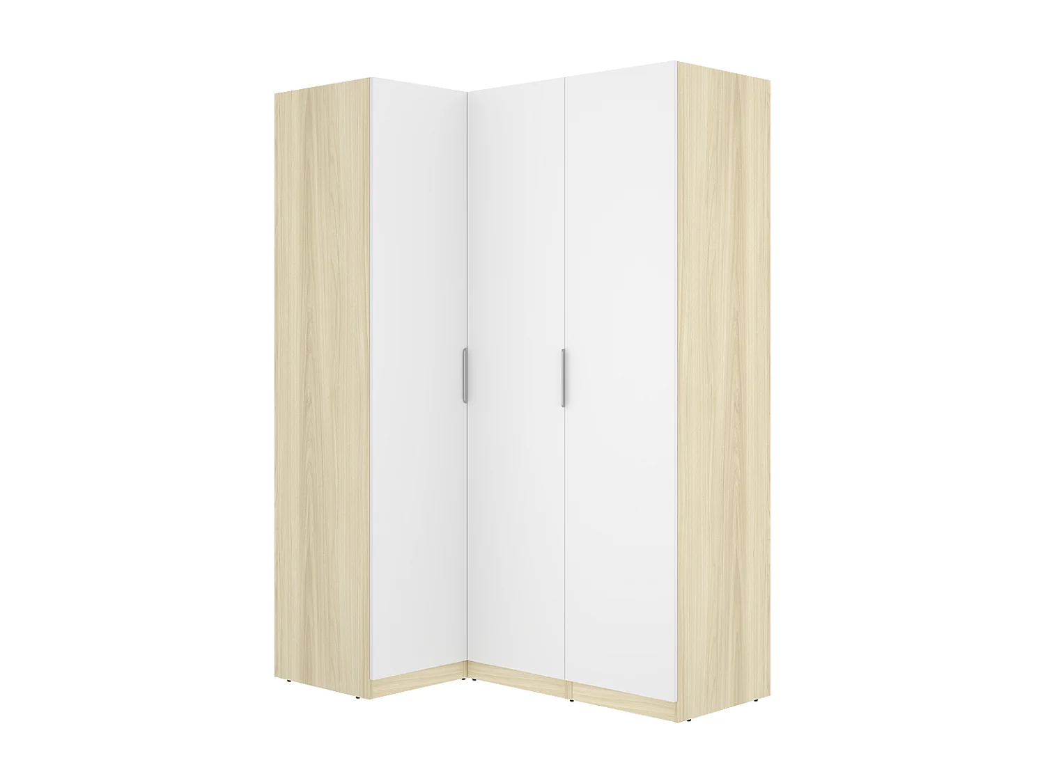 Armoire d'angle placard de rangement à 3 portes battantes, coloris blanc/Chêne clair - Hauteur 184 x Longueur 142,4 x Profondeur 95 cm