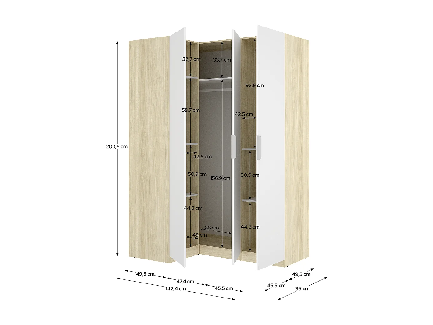 Armoire d'angle placard de rangement à 3 portes battantes, coloris blanc/Chêne clair - Hauteur 184 x Longueur 142,4 x Profondeur 95 cm