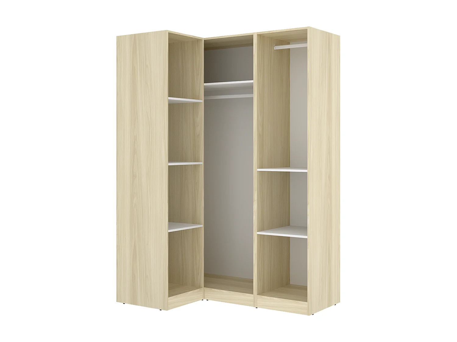 Armoire d'angle placard de rangement à 3 portes battantes, coloris blanc/Chêne clair - Hauteur 184 x Longueur 142,4 x Profondeur 95 cm