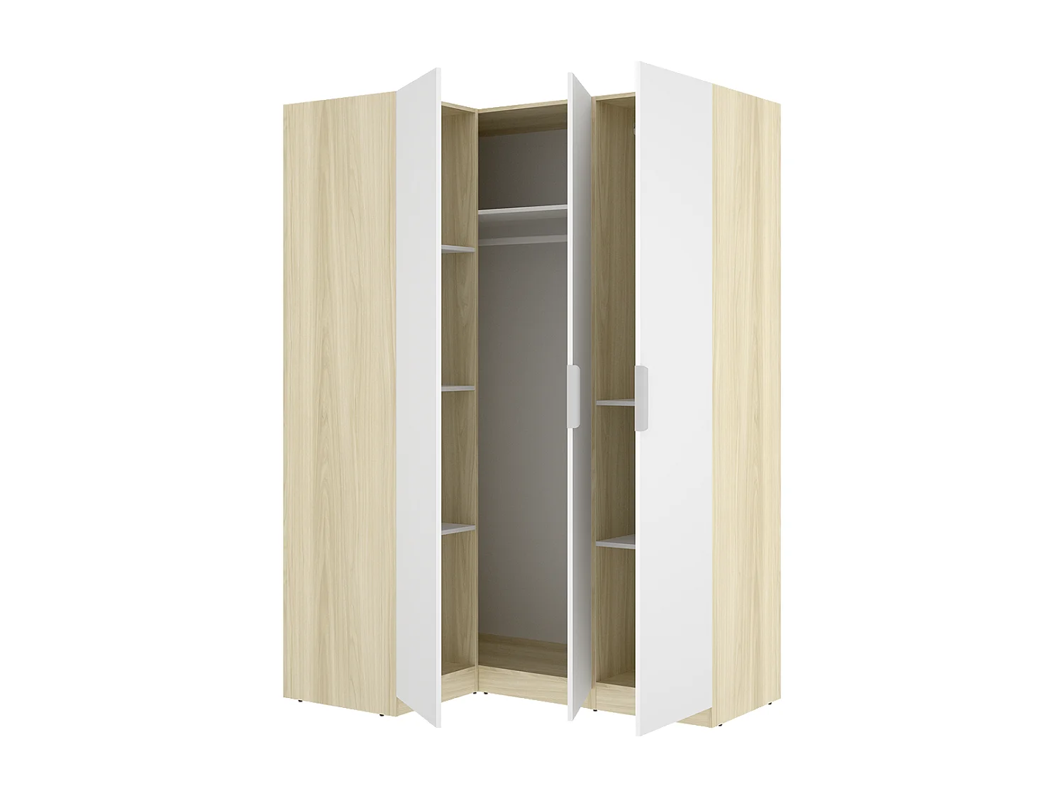 Armoire d'angle placard de rangement à 3 portes battantes, coloris blanc/Chêne clair - Hauteur 184 x Longueur 142,4 x Profondeur 95 cm