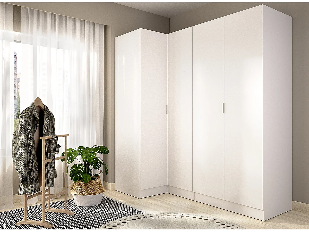 Armoire d'angle placard de rangement à 4 portes battantes, coloris Blanc - Hauteur 184 x Longueur 173,5 x Profondeur 90,5 cm