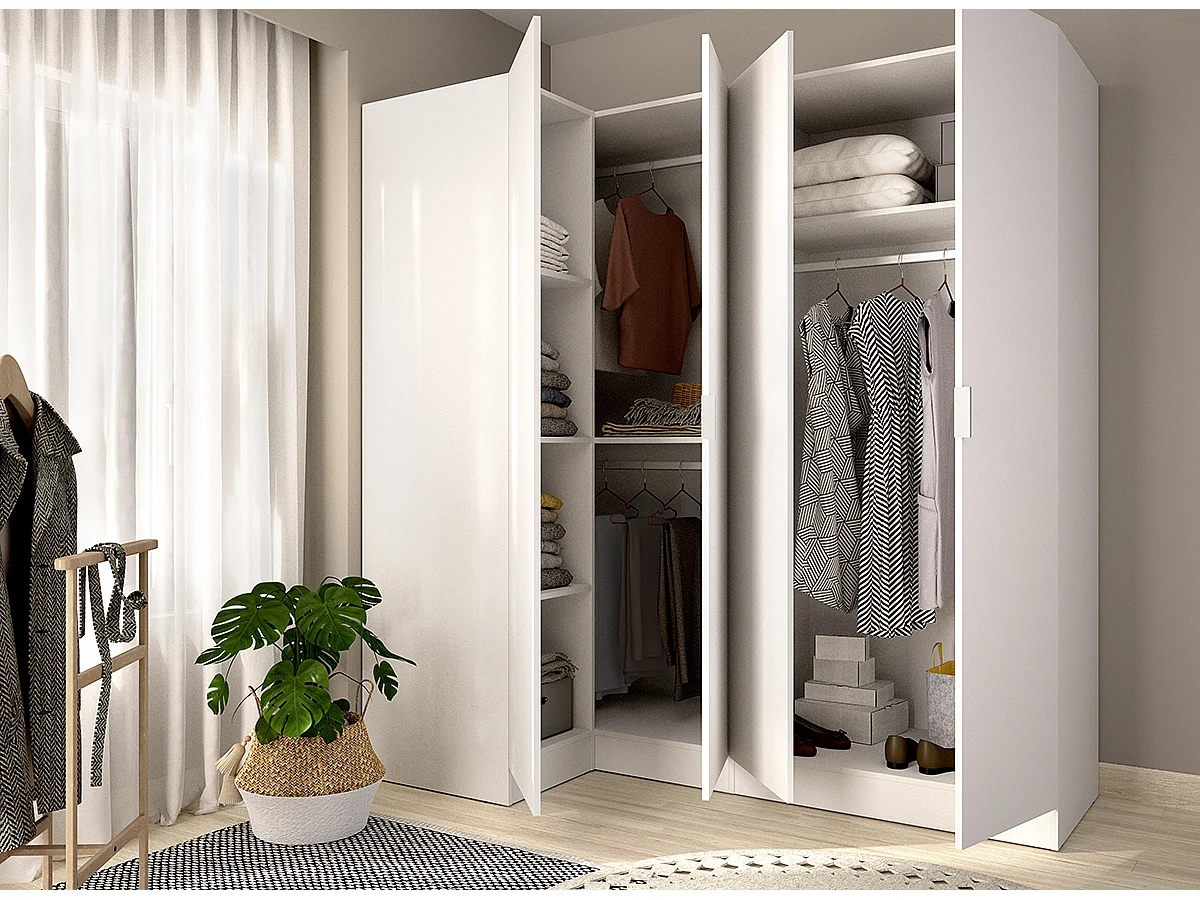 Armoire d'angle placard de rangement à 4 portes battantes, coloris Blanc - Hauteur 184 x Longueur 173,5 x Profondeur 90,5 cm