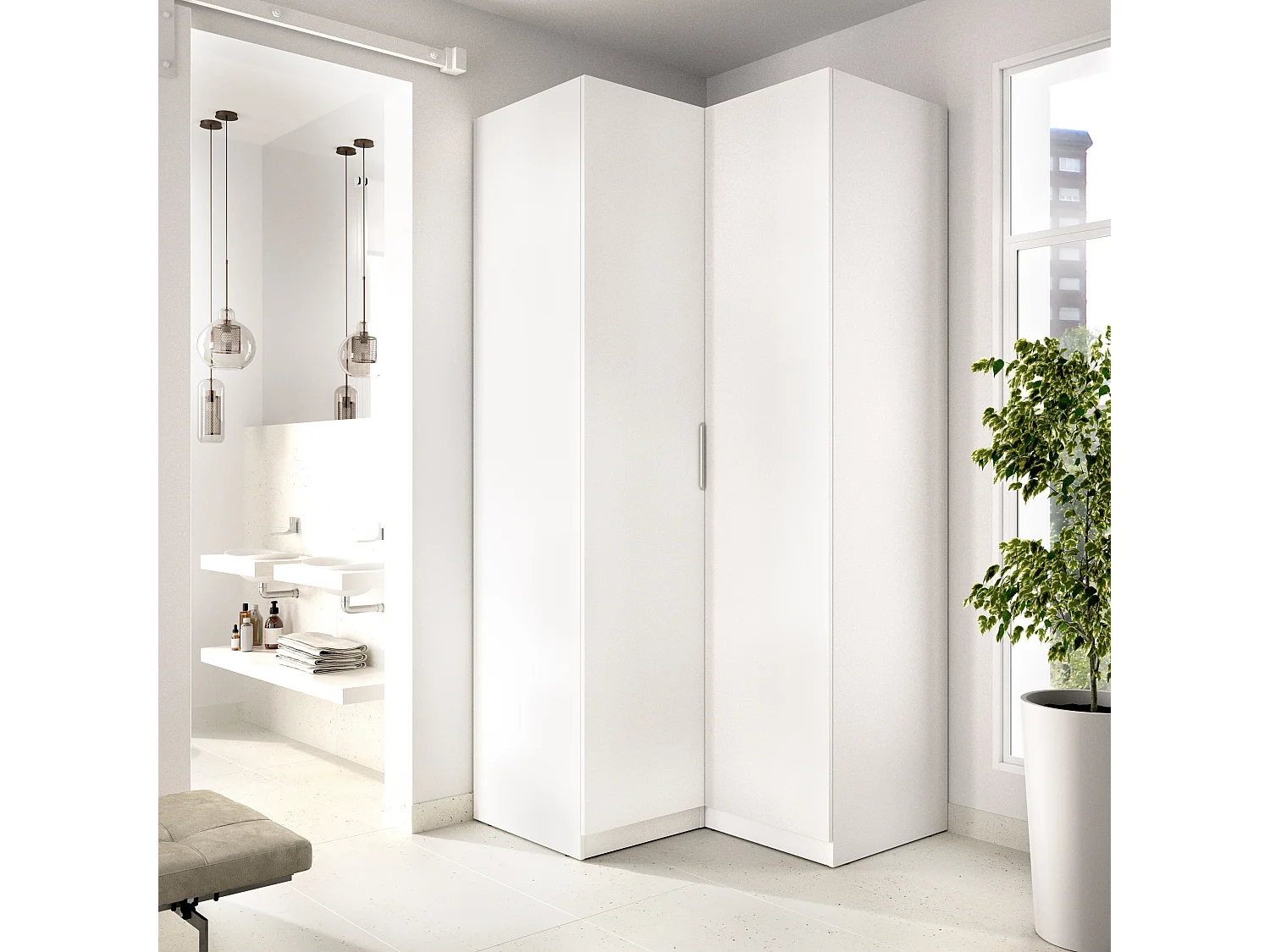 Armoire d'angle placard de rangement à 2 portes battantes, coloris blanc - Hauteur 203,5 x Longueur 95 x Profondeur 97 cm