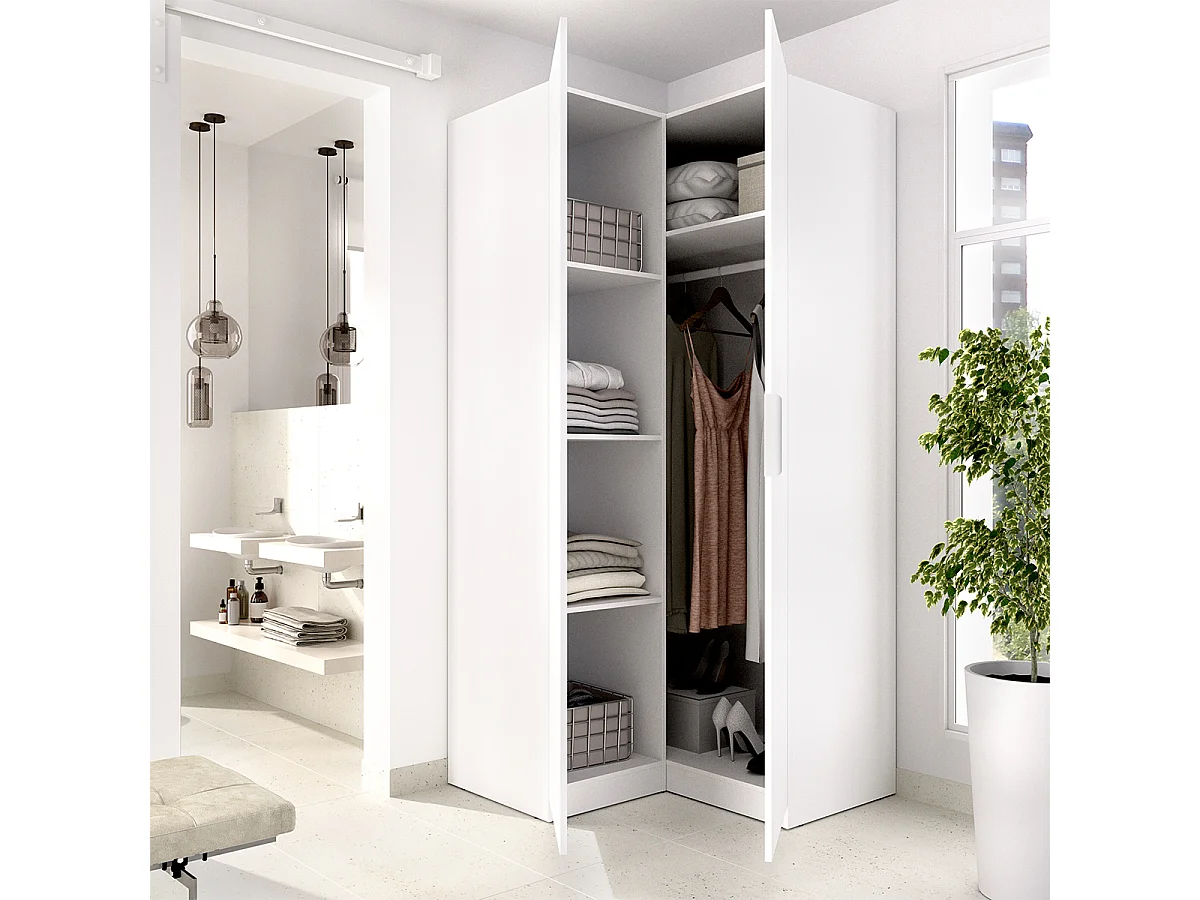 Armoire d'angle placard de rangement à 2 portes battantes, coloris blanc - Hauteur 203,5 x Longueur 95 x Profondeur 97 cm