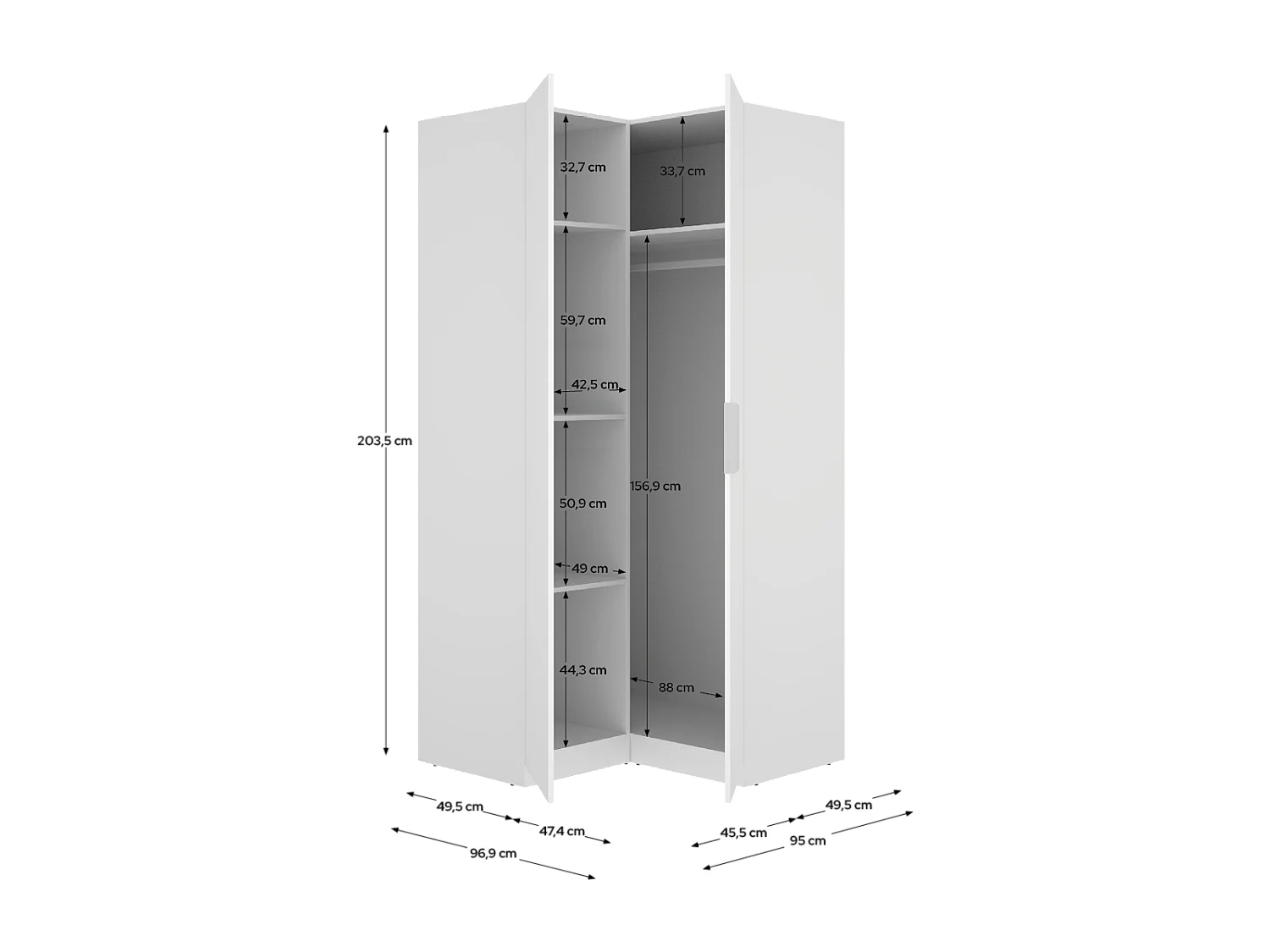 Armoire d'angle placard de rangement à 2 portes battantes, coloris blanc - Hauteur 203,5 x Longueur 95 x Profondeur 97 cm
