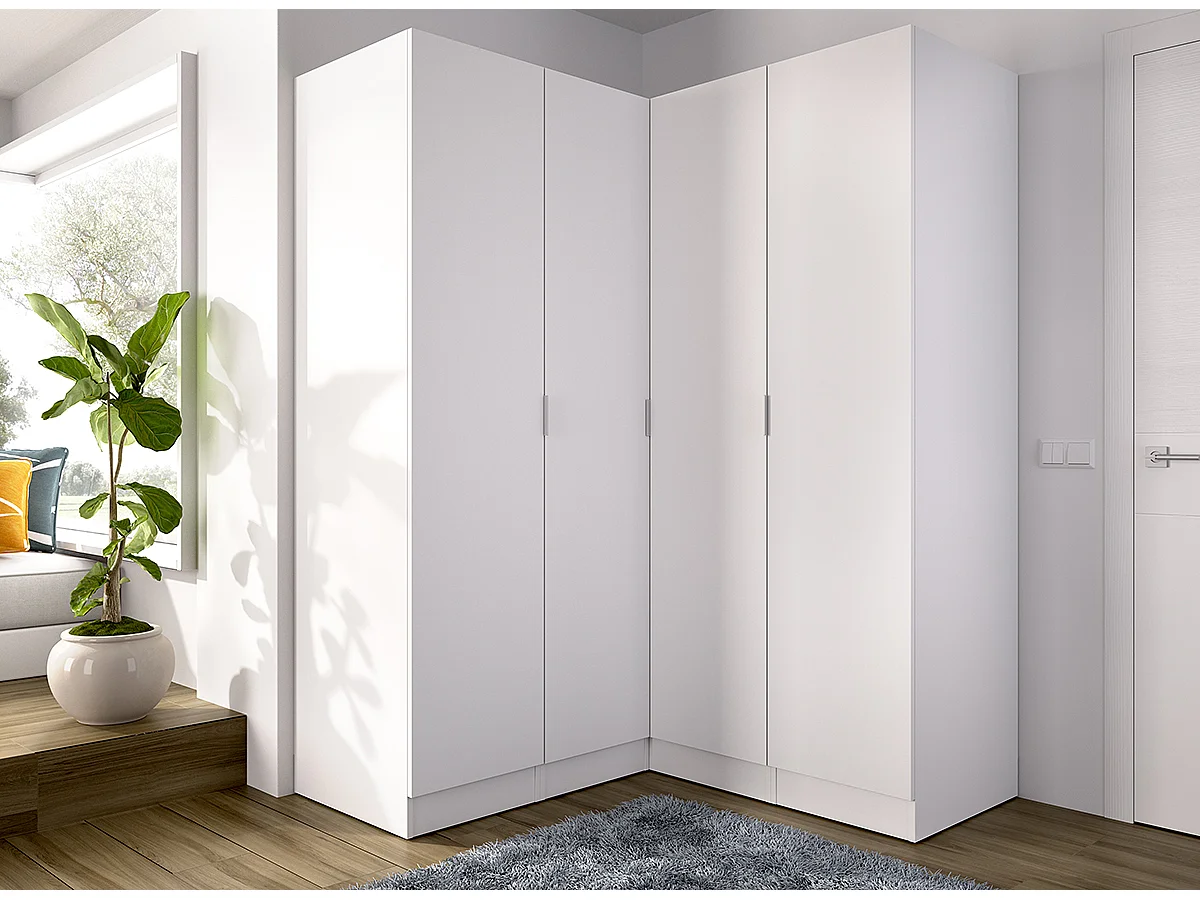 Armoire d'angle placard de rangement à 4 portes battantes, coloris Blanc - Hauteur 184 x Longueur 133 x Profondeur 131 cm