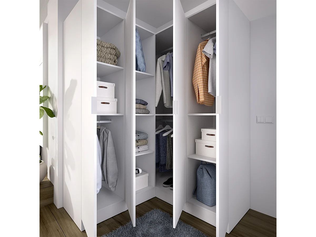 Armoire d'angle placard de rangement à 4 portes battantes, coloris Blanc - Hauteur 184 x Longueur 133 x Profondeur 131 cm