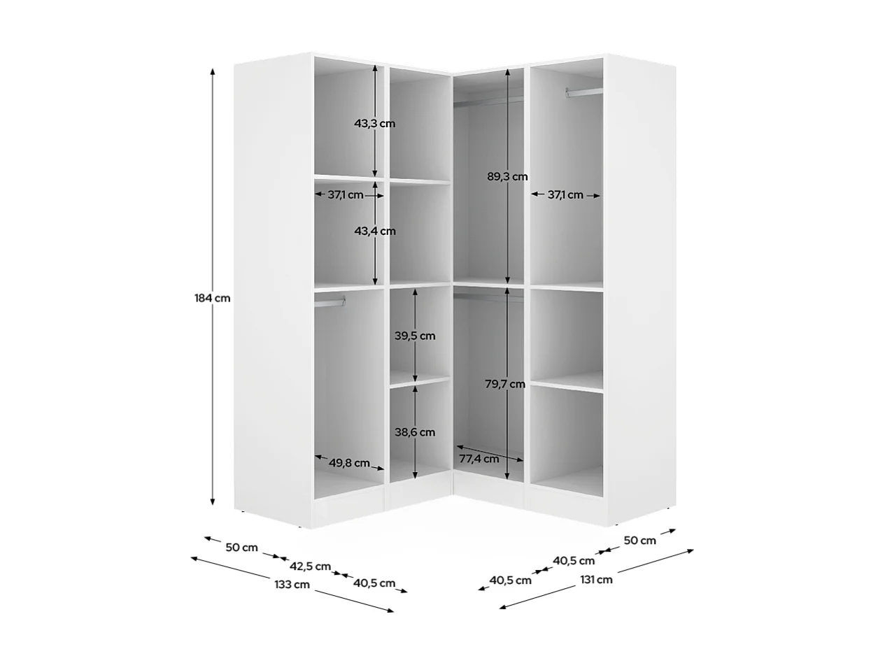 Armoire d'angle placard de rangement à 4 portes battantes, coloris Blanc - Hauteur 184 x Longueur 133 x Profondeur 131 cm