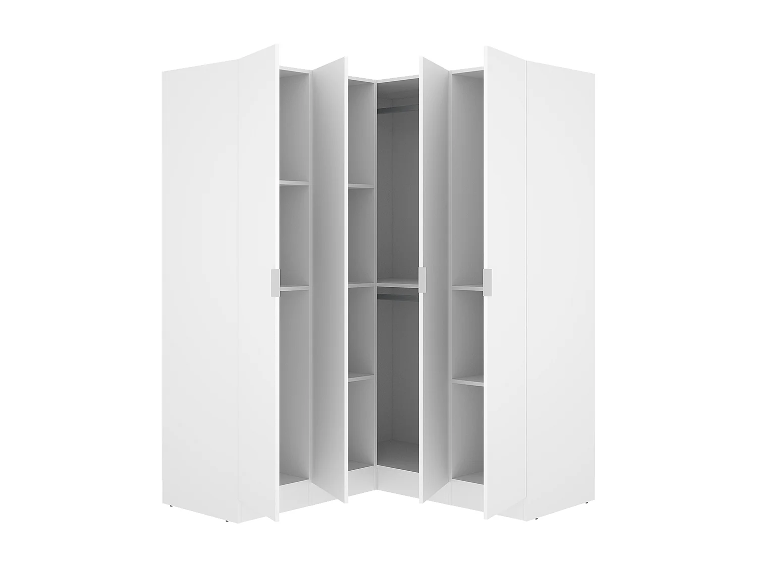 Armoire d'angle placard de rangement à 4 portes battantes, coloris Blanc - Hauteur 184 x Longueur 133 x Profondeur 131 cm