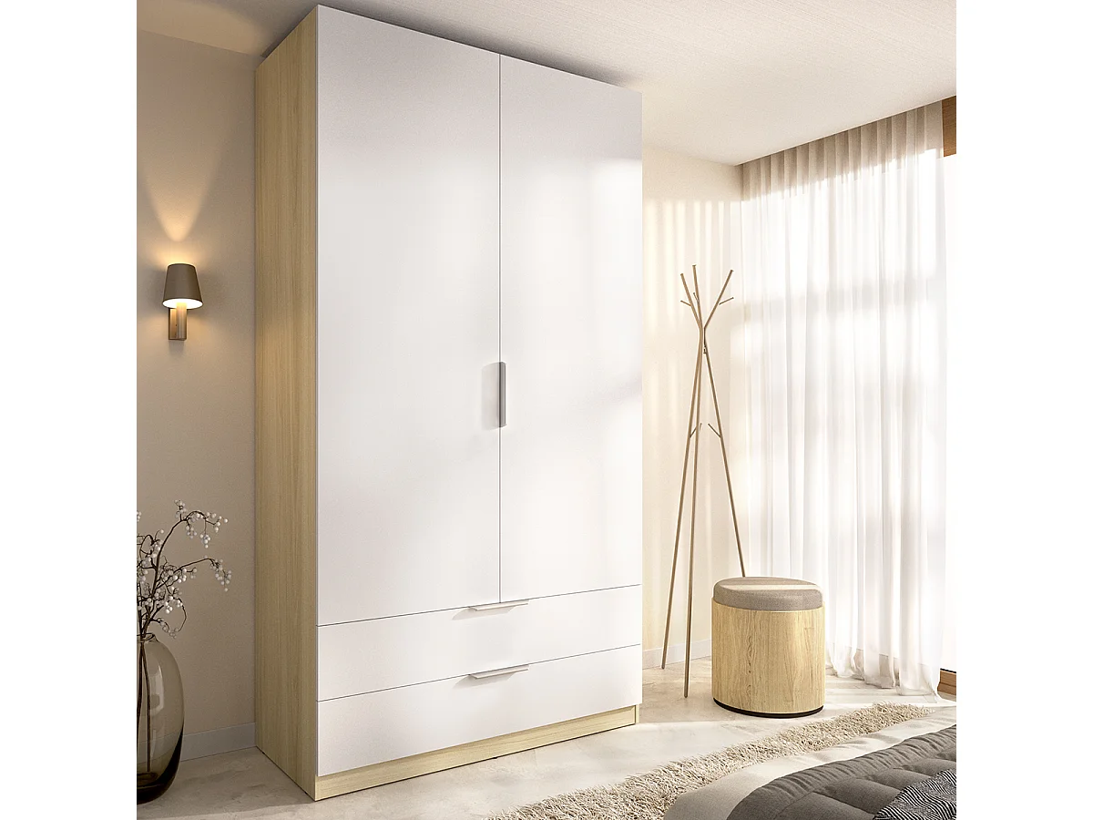 Armoire placard de rangement à 2 portes battantes et 2 tiroirs, coloris blanc/Chêne clair - Hauteur 203,5 x Longueur 91 x Profondeur 51,4 cm
