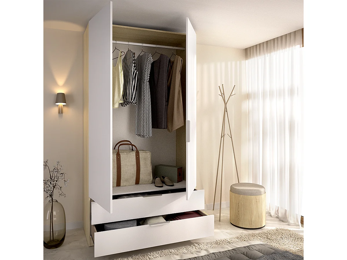 Armoire placard de rangement à 2 portes battantes et 2 tiroirs, coloris blanc/Chêne clair - Hauteur 203,5 x Longueur 91 x Profondeur 51,4 cm