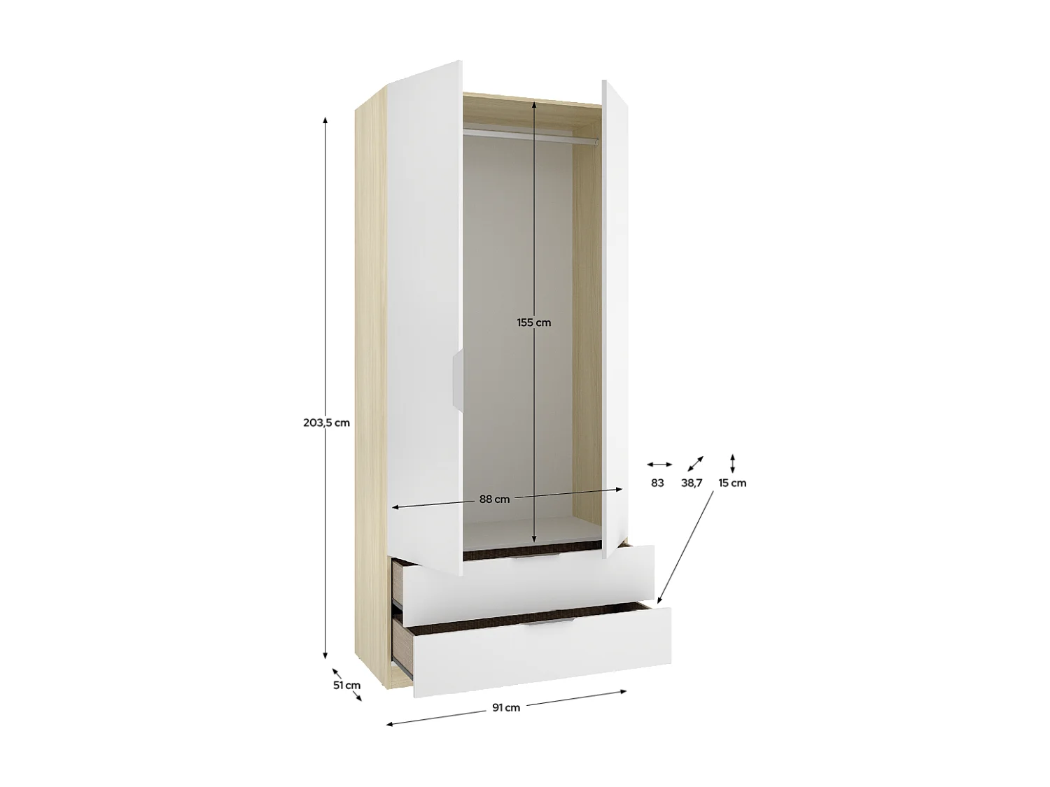 Armoire placard de rangement à 2 portes battantes et 2 tiroirs, coloris blanc/Chêne clair - Hauteur 203,5 x Longueur 91 x Profondeur 51,4 cm