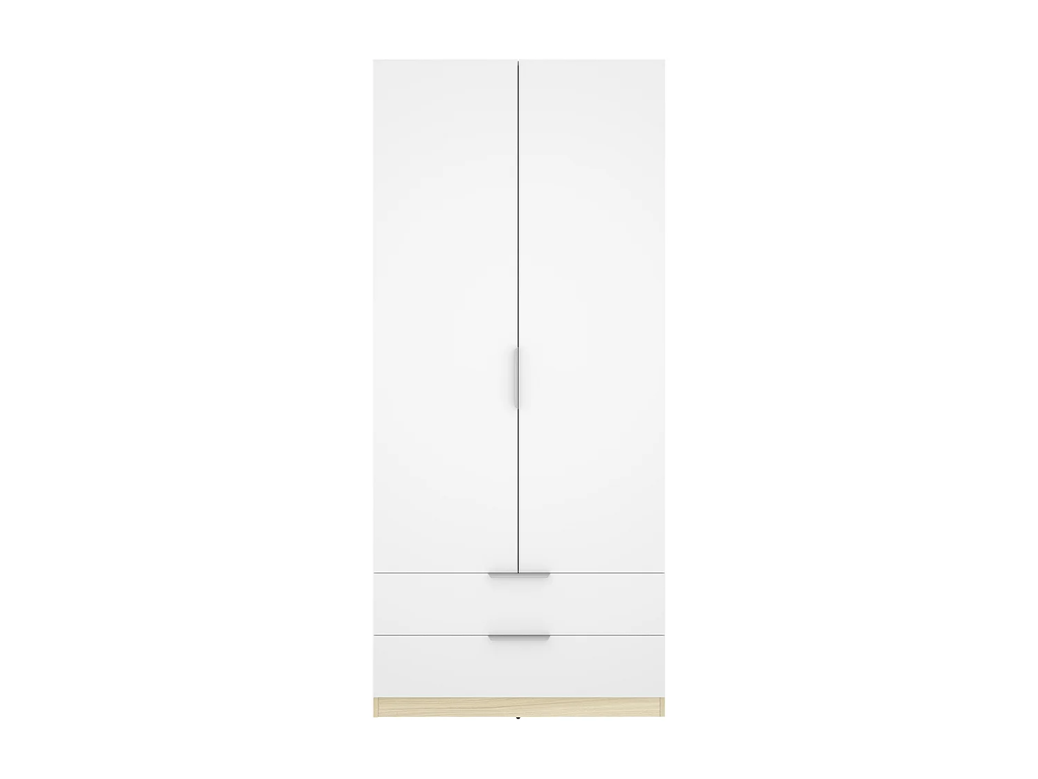 Armoire placard de rangement à 2 portes battantes et 2 tiroirs, coloris blanc/Chêne clair - Hauteur 203,5 x Longueur 91 x Profondeur 51,4 cm