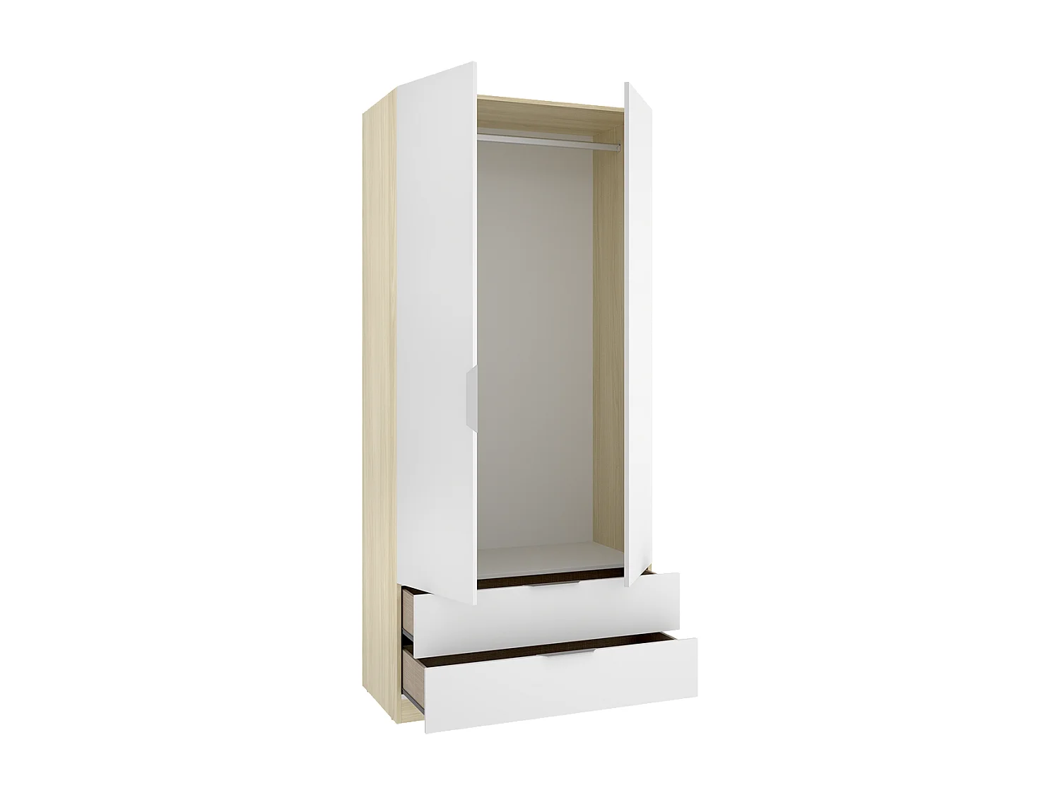 Armoire placard de rangement à 2 portes battantes et 2 tiroirs, coloris blanc/Chêne clair - Hauteur 203,5 x Longueur 91 x Profondeur 51,4 cm