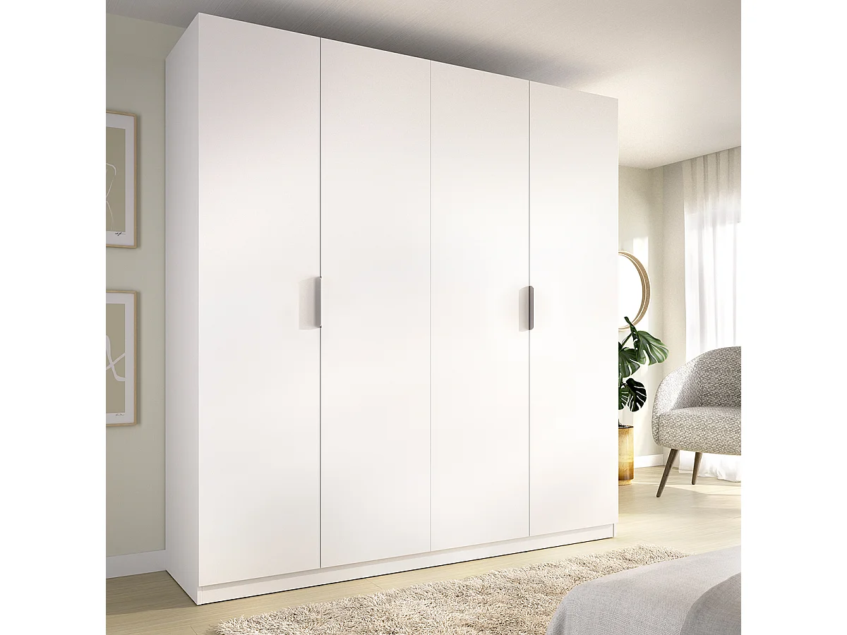 Armoire placard de rangement à 4 portes battantes, coloris blanc - Hauteur 203,5 x Longueur 182,1 x Profondeur 51,4 cm