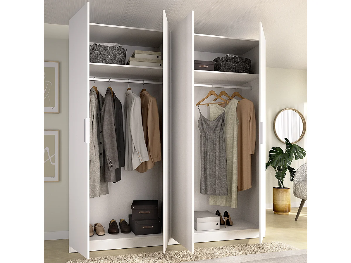 Armoire placard de rangement à 4 portes battantes, coloris blanc - Hauteur 203,5 x Longueur 182,1 x Profondeur 51,4 cm