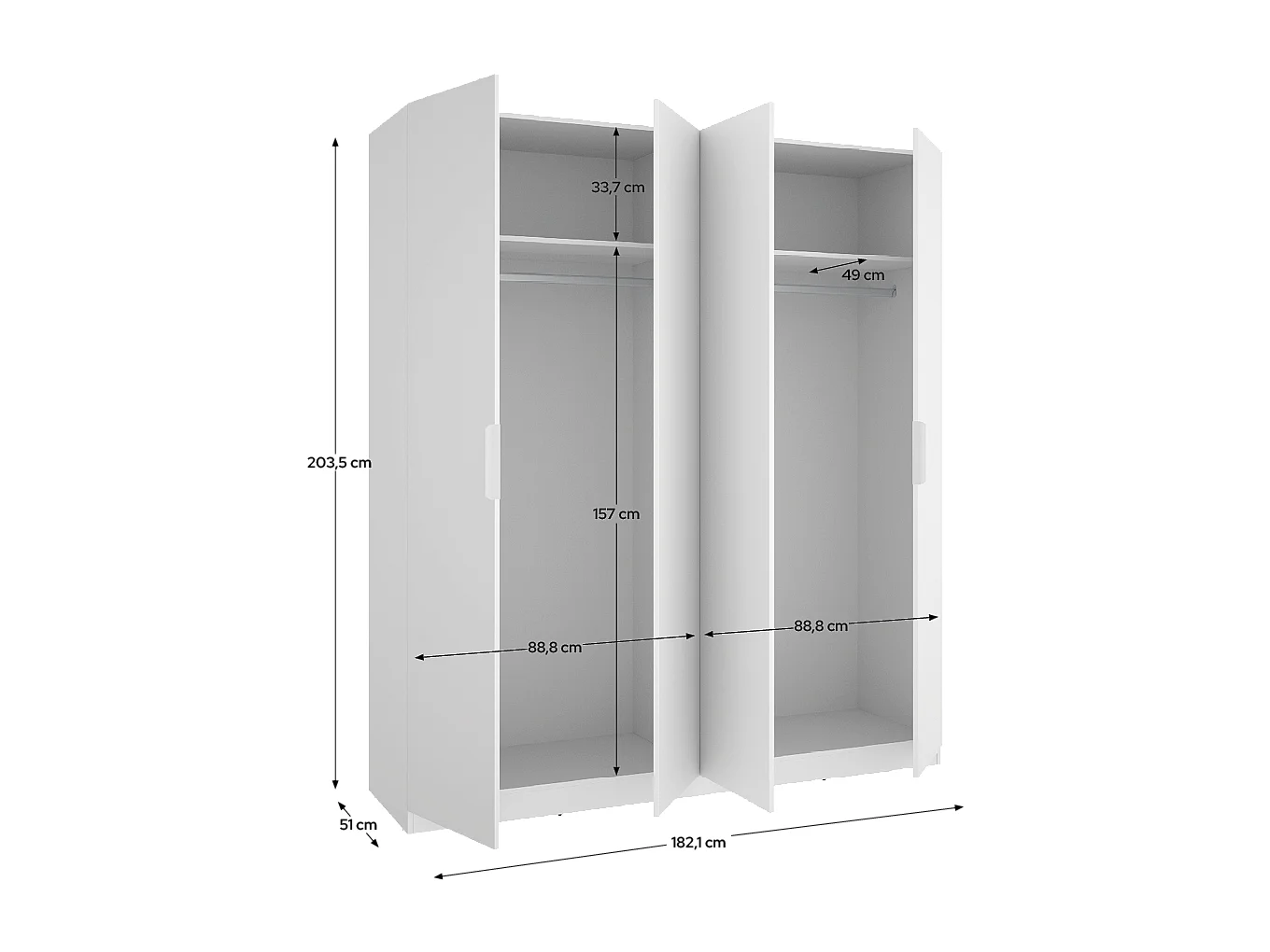 Armoire placard de rangement à 4 portes battantes, coloris blanc - Hauteur 203,5 x Longueur 182,1 x Profondeur 51,4 cm